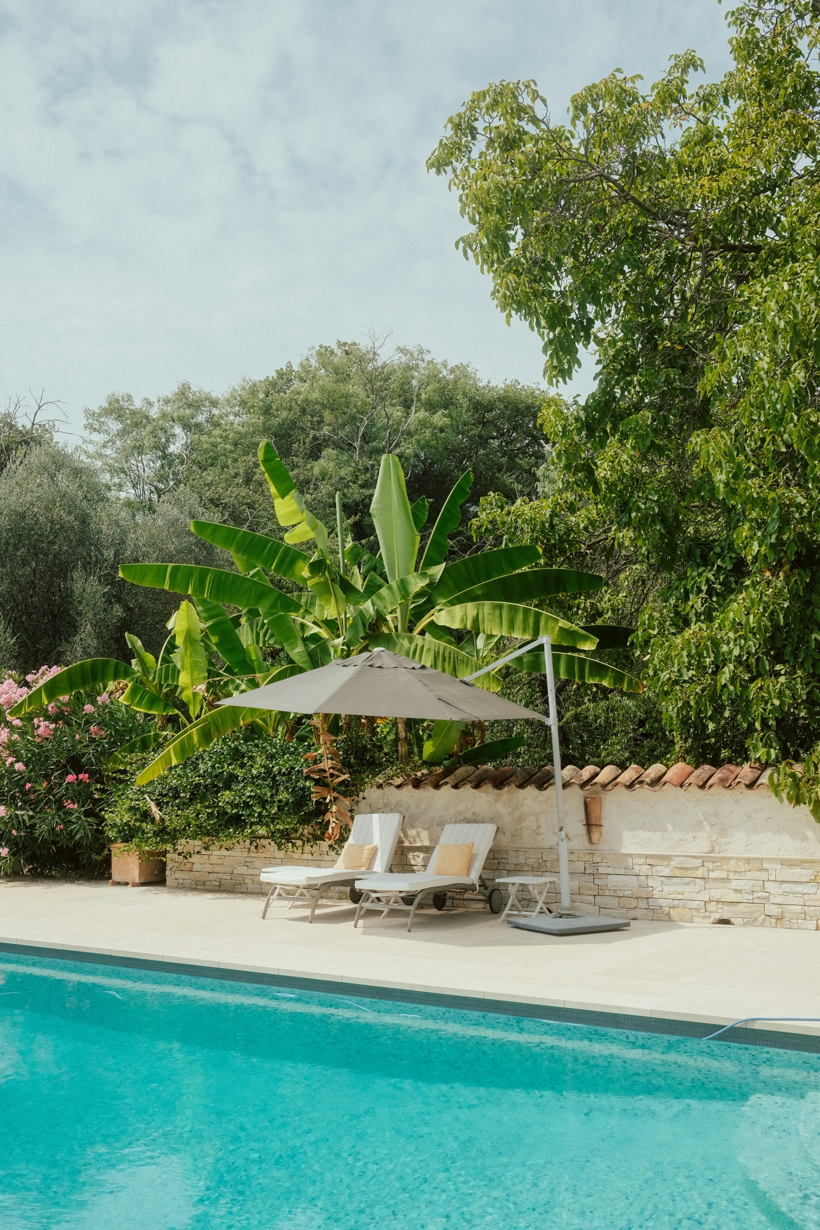 Pool mit Liegen, Sonnenschirm und Bananenstaude vor einer Natursteinmauer
